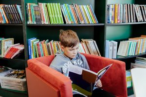 En mörkhårig pojke sitter i en röd fåtölj och läser en bok. Han ser koncentrerad ut. I bakgrunden syns en bokhylla med många färgglada bokryggar.