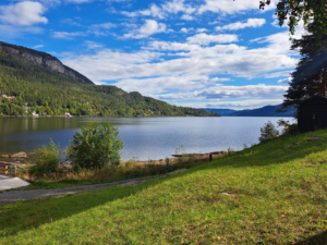 Ett vattendrag i Norge. Grön omgivining med berg i bakgrunden.