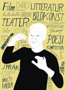 En illustration av Sören Lillkung med händerna i en dirigents pose. I bkagrunden syns ord som beskriver Kulturfondens alla stödområden.