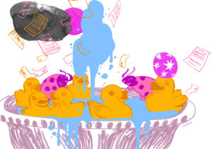 En illustration av ett fågelbad med gula badankor och rosa nyckelpigor. Badet är fyllt till bredden och vatten rinner över kanterna.