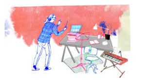 En illustration föreställande en stående person framför en laptop på ett skrivbord. I bild syns även ett keyboard.