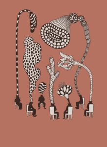 En illustration föreställande en grupp personer som sitter på stolar i en grupp. Bakgrunden är brunröd. Personernas huvuden är växters som slingrar sig uppåt likt pratbubblor.